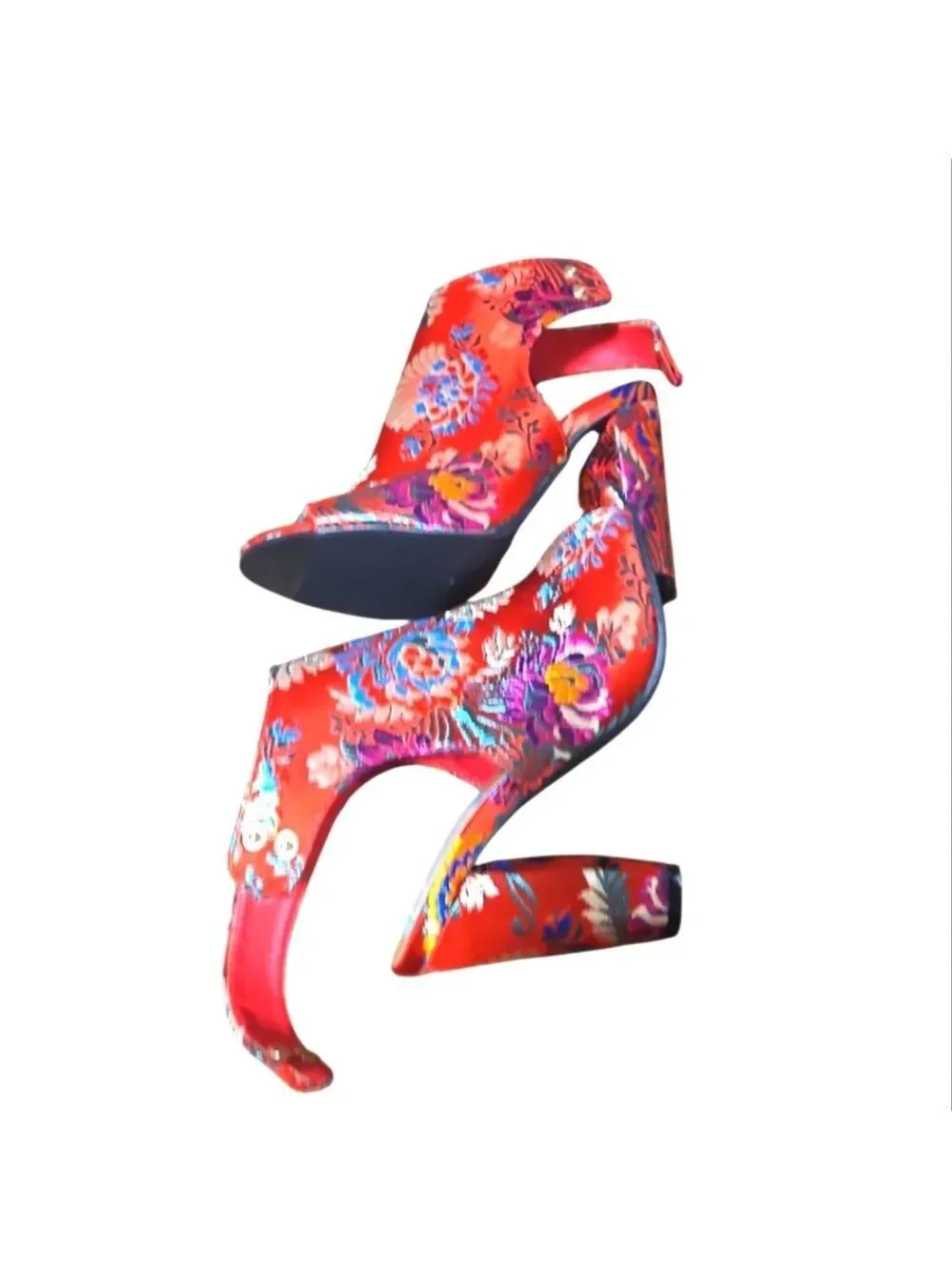 Bamboo Red Floral High Heels with Ankle Strap 5.5 Embroidered Colorful Handmade